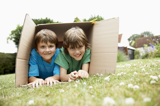 Two kids in a cardboard box in the garden